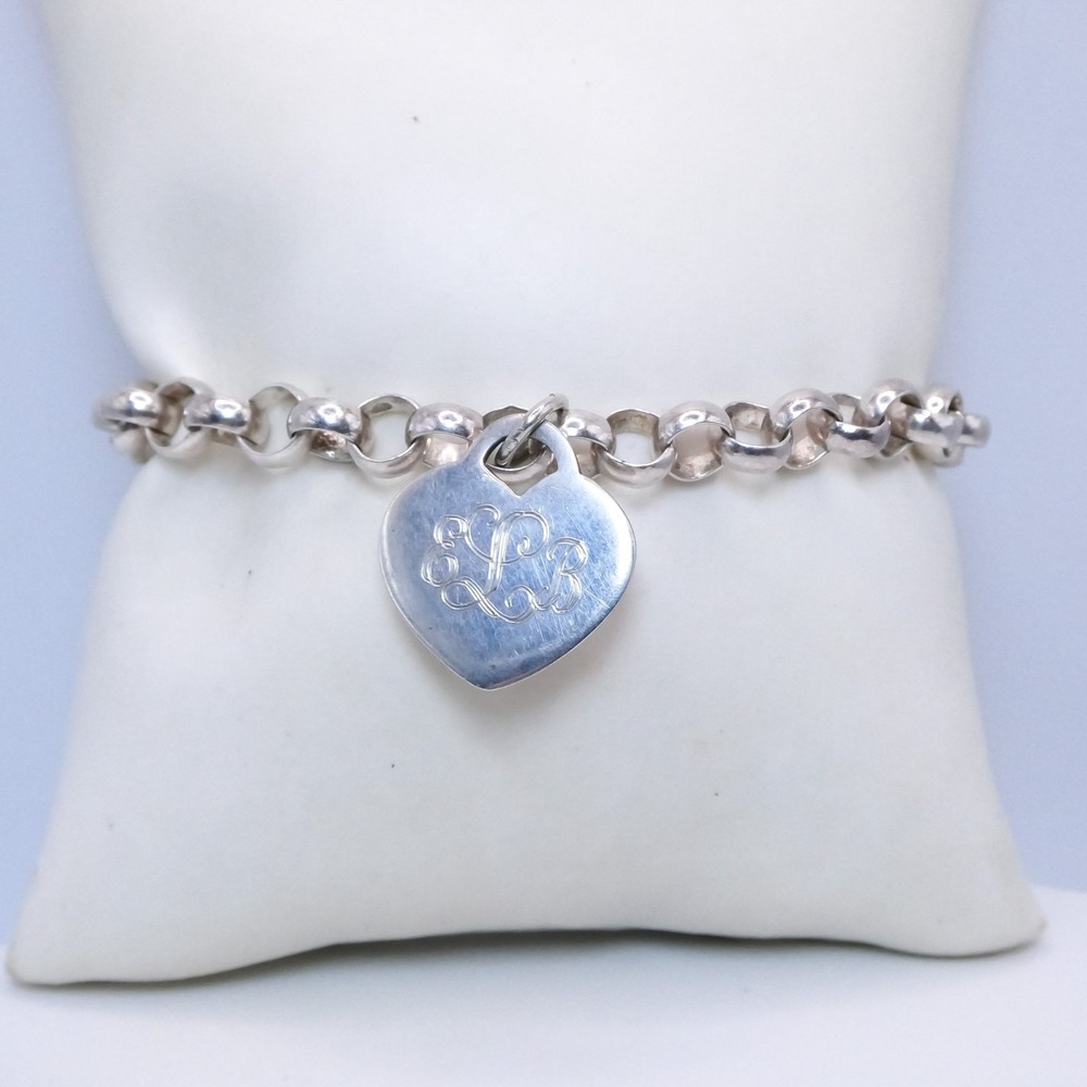 Mexico Rolo Chain Charm Bracelet Sterling Silver Monogram Heart 7.5"